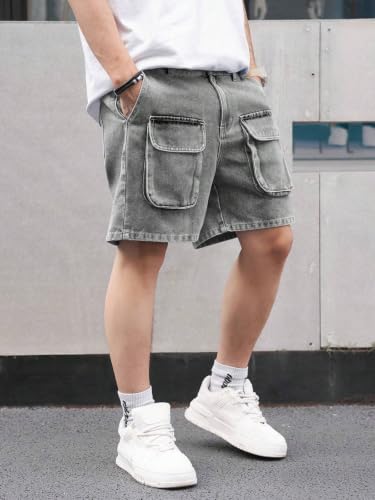 Image of GRECIILOOKS Denim Cargo Shorts for Men Stylish | Washed Jeans Half Pant for Men | Knee Length Cargo Shorts for Mens | Regular Fit Mens Pant Casual, Utility Streetwear Jorts, Travel Summer Wear