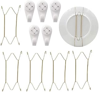 Yitaocity 5 Pack Stainless Steel Gold Plate Spring Hook Holder Hanging Wire Wall Plate Hanger Decorative Dish Diaplay Holder + 5Pcs Wall Hooks (8 inch)