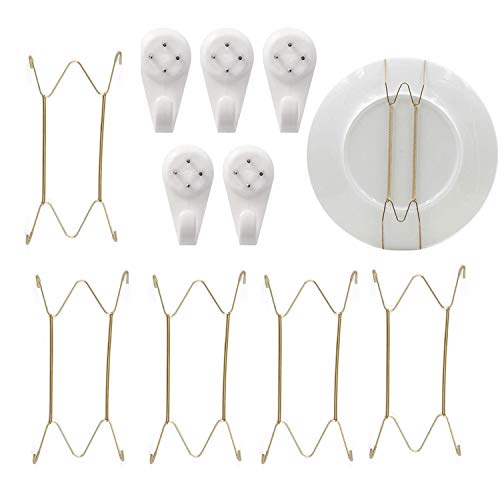 wall dish hanger - Yitaocity 5 Pack Stainless Steel Gold Plate Spring Hook Holder Hanging Wire Wall Plate Hanger Decorative Dish Diaplay Holder + 5Pcs Wall Hooks (8 inch)