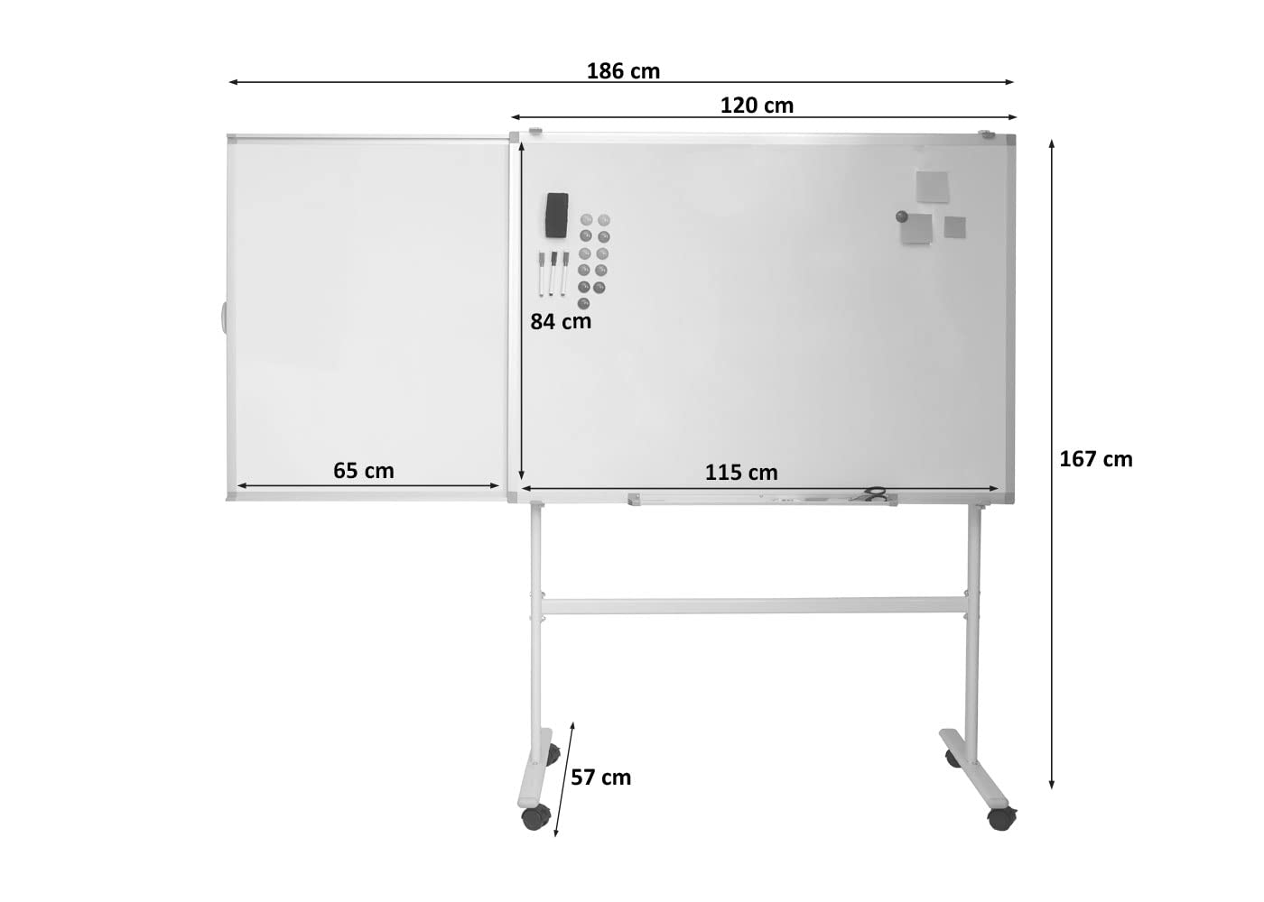 Whiteboard HWC-C85b, mit ausziehbarer Tafel Magnettafel Memoboard Pinnwand, mobil rollbar inkl. Zubehör, 167x186cm
