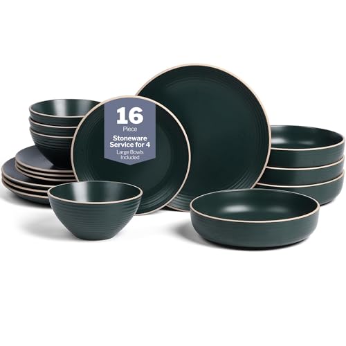 Image of Stone Lain Lauren Modern Stoneware 16-piece Round Dinnerware Set, Plates and Bowls Set, Dish set for 4, Dark Green