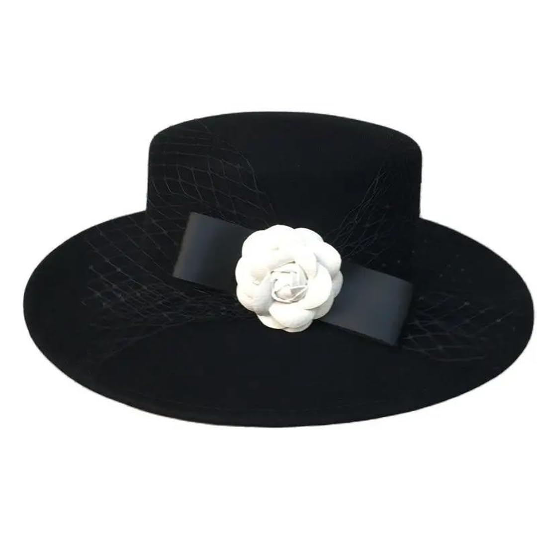 Yeuyyben Cappello da donna a tesa larga in lana, cappello da barca Fascinator Fedora cappello con fiocco con fiore velo piatto top invernale chiesa festa di nozze cappello