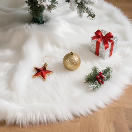 30 Inch Wool Fur White Christmas Tree Skirt Plush Velvet Tree Skirt Base Cover Floor Mat Christmas Party Christmas Tree Decoration