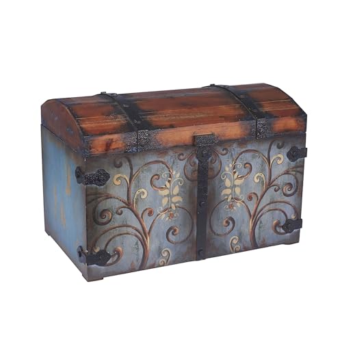 Household Essentials Vintage Wood Storage Trunk, Large, Blue Body/Brown Lid/Floral Design