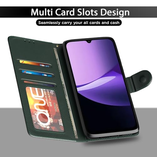 Image of Pikkme Flip Cover for Redmi 15C 5G Leather Finish | Inside TPU with Card Pockets | Wallet Stand and Shock Proof | Complete Protection Flip Case (Green)