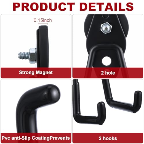 Image of Landhoow 34 Pcs Large Magnetic Hooks Heavy Duty Garage Magnet Hooks Strong Storage Utility Magnetic Hangers with Anti Slip Rubber Coating for Indoor and Outdoor Hanging (Black)