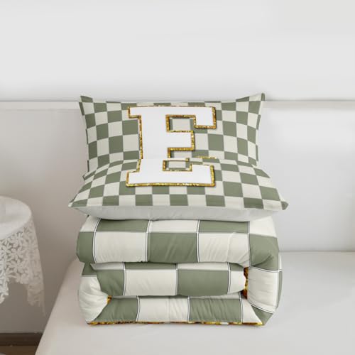 Image of Erosebridal Sage Green Checkered Bedding Set King Plaid Initial E Comforter Set for Kids Adults Personalized Monogram Down Comforter,Fashion Grids Gingham Quilt Duvet