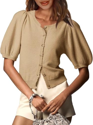 Image of BeautyNee Puff Sleeve Cardigans for Women Crew Neck Lightweight Summer Shirts Button Down Knit Shrug Sweater Tops
