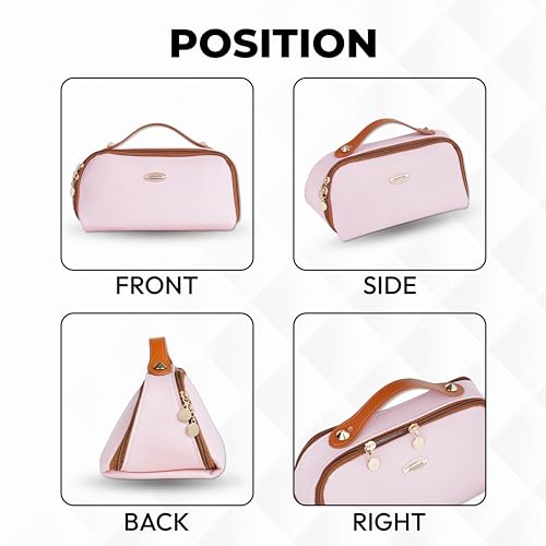 Image of SHOPPOFOBIX Makeup Pouch for Women, Litchi PU Leather Makeup Pouch for Women, Large Capacity Cosmetic Travel Bag, Portable Makeup Kit Storage Bag with Handle and Two Divider (Pink)