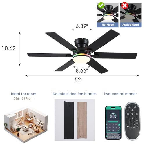 Image of 52 inch RGB Ceiling Fans with Lights and Remote /APP,Black Low Profile Ceiling Fans with Quiet Reversible DC Motor,Modern Flush Mount Fans Light for Bedroom Kids Room