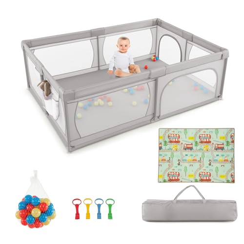 DREAMADE 200 x 140 cm Baby Laufstall, Laufgitter mit 50 Bällen & Tragetasche, Krabbelgitter für Kinder im Innen- & Außenbereich (Grau, mit Matratze)