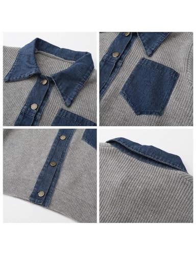 happlan Women's Knitted Long Sleeve Denim Patchwork Cardigan Sweater Jacket Top3
