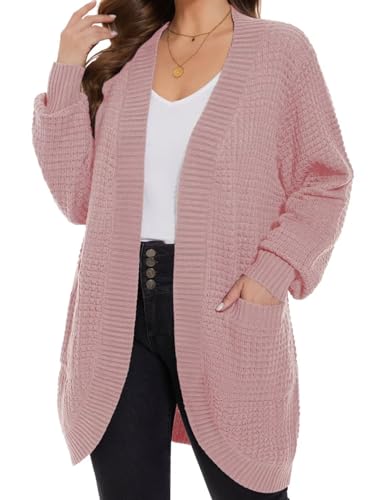 Image of MONNURO Womens Plus Size Open Front Cardigan Waffle Knit Long Sleeve Sweaters Tops Fall Coat Outerwear with Pockets