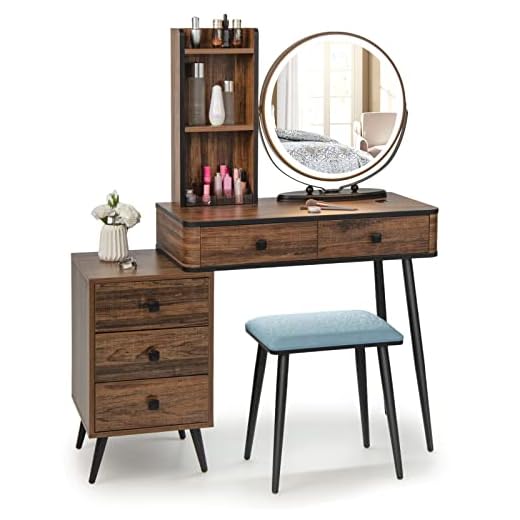 COSTWAY Dressing Table Set with LED Lights and Mirror, Detachable Makeup Dresser Table Stool, Home Bedroom Vanity Cosmetic Furniture Gifts for Girls Women (Black) 29 COSTWAY Dressing Table and Stool Set with 3-Color LED Lights Mirror, Drawers, Shelves & Charging Station, Detachable Makeup Vanity Set, Cosmetics Dresser Gift (Brown, Round Mirror), 80 x 40 x 130cm