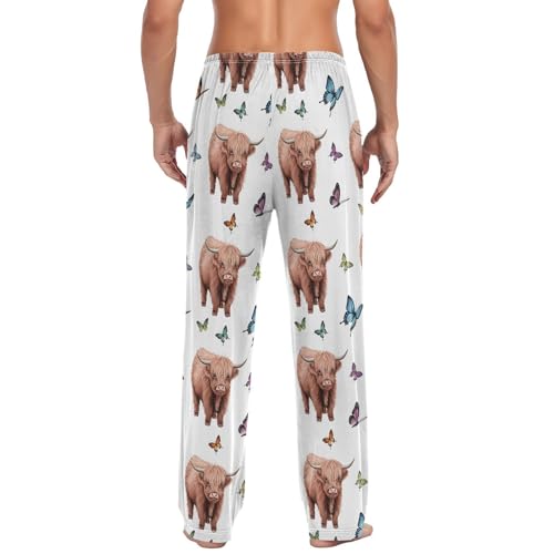 Men’s Highland Cows Butterflies Pajama Pants with Pockets, Comfortable Lounge Sleep Bottoms#7932