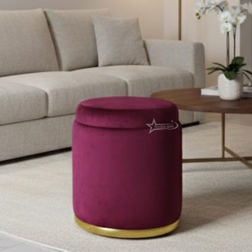 Image of Velvet Round Single Strip Ottoman Office Stool Foot Rest Stool Velvet Fabric Padded Seat Pouf Ottoman 16 X 16X 19 inch, in Round Shape for Living Room Maroon