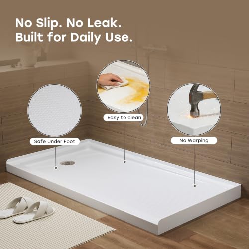Image of HOROW 60 inch x 32 inch Shower Base, Left Drain Shower Pan, Low Profile Acrylic Base with Reinforced Fiberglass, Non-Slip Surface, Stainless Steel Drain Cover, Leak-Resistant for Bathroom