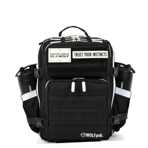 Image of WOLFpak 25L Athletic Gym Backpack (Alpha Black w /White Accents) Durable 1000D Waterproof Oxford Material with MOLLE Webbing, Laptop Pocket & Dual Cup Holders