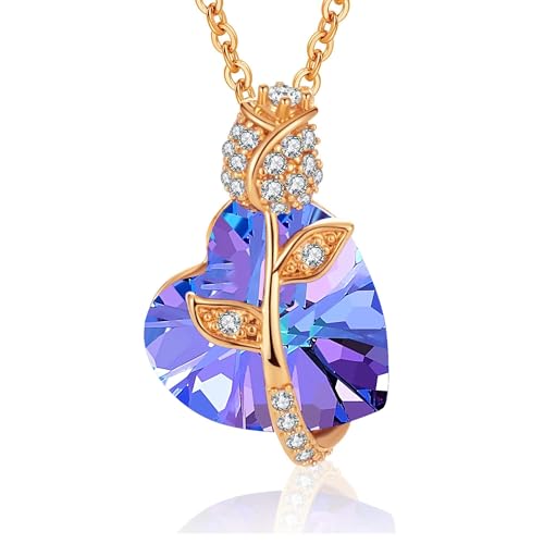 Austrian Crystal Heart Rose Flower Pendant Necklaces for Women Fashion 14K Gold Plated Dainty Necklace Hypoallergenic Jewelry (Vitrail Light)