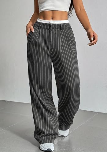 HuiSiFang Women's Striped Pants Color Block Casual High Waisted Elastic Wide Leg Loose Fit Dress Pants Straight Trousers4
