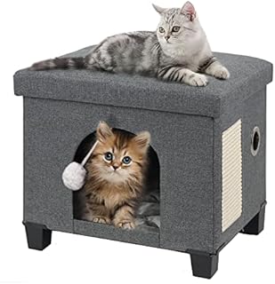 BRIAN & DANY Large Cat Cave for Indoor Cats, Multifunctional Cube Cat House with Cat Scratch Board & Ball, 45 x 37.5 x 38 cm, Gray