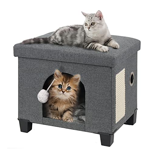BRIAN & DANY Katzenhöhle, Leinen Katzenhaus Höhle für Katzen mit Kratzbrett und Spielball, 45 x 37.5 x 38 cm, Dunkel Grau Cover