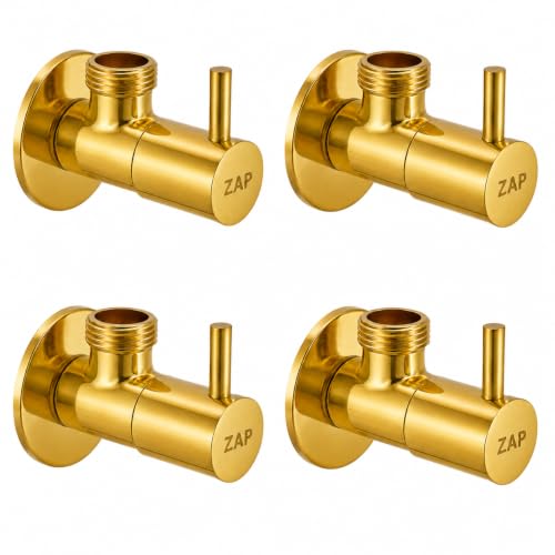 Image of ZAP Gold Brass Angle Valve Pack of 4 with Wall Flange | Heavy Duty Stop Cock for Basin Tap, Geyser, Jet Spray & Hand Shower | Rust & Corrosion Resistant Water Control Valve