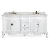 Benton Collection 72 Inch Beckham Bathroom Vanity with White Natural Marble Stone Top, Antique White Finish, Double Sinks, 3 Drawers, 2 Cabinets, Traditional Antique Style