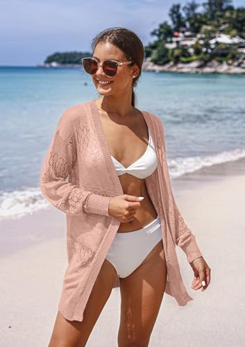 Image of GRECERELLE Lightweight Cardigan Sweaters for Women Crochet Knit Open Front Long Sleeve Loose Casual Boho Summer Beach Coverup