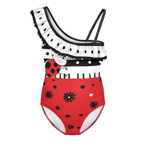 Image of Ladybug Swimsuits for Girls 5-14 One Piece Bathing Suit Kids One Ruffle Shoulder Beach Sport Swimwear