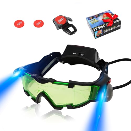 Kids Night Vision Goggles with Spy Frisbee Toys, 2 PCS Spy Lens/Glasses Toys with Flip-Out Lights Green Lens, Adjustable Spy Gear Night Mission Goggles Kit for Kids 6 7 8 9 10 11 12 Boy Gifts