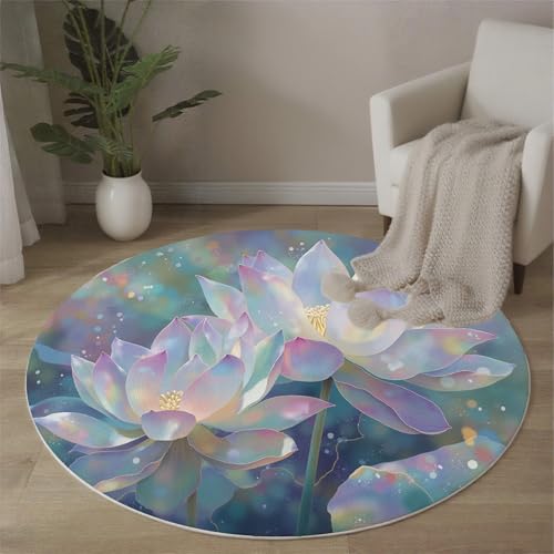 Tapis rond imprimé lotus cyan 60cm lavable machine - 7