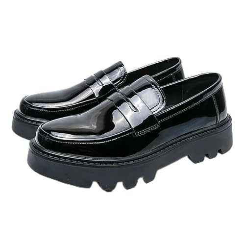 Men's Patent Leather Platform Chunky Slip-On Penny Loafers Classic Round Toe Lug Sole Business Casual Formal Work Dress Shoes