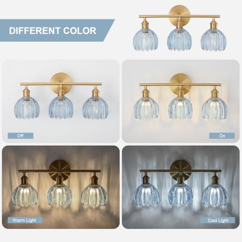 Image of Gold Bathroom Light Fixtures Over Mirror, 3 Light Bathroom Vanity Light with Tulip Blue Glass Lampshade, Vintage Vanity Lights for Bathroom, Bathroom Vanity Lights Over Mirror