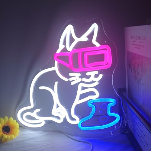 Image of SYLHOME Game Cat Led Neon Light Sign Gamer Controller Pad Bedroom Game Room Bar Pub Man Cave Wall Sign Decor Gamer Teen Birthday Decoration USB 13 inchX12 inch Dimmer