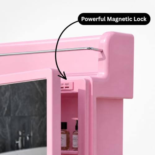 Image of CIPLA PLAST Rich Look Plastic Wall-Mounted Bathroom Mirror Cabinet with Storage Shelves, Single Door, Bathroom Mirror Cabinet with Towel Holder | (Pink)