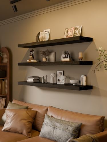 Image of 60 Inch Extra Deep Floating Shelves Set of 3-12 inch Wide Solid Paulownia Wood Wall Mounted Shelves, Black Wood Finish, Heavy Duty Long Display Ledge for Kitchen, Living Room & Home Office