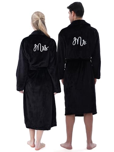 Jecery 2 Pcs His and Hers Robes for Couples Mr and Mrs Bathrobes Flannel Embroidered Matching Robes Wedding Engagement Gifts