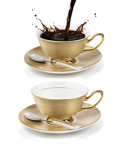 Juego de 2 tazas para café y té de porcelana china cerámica elegante con platillo y cuchara, con caja de regalo.