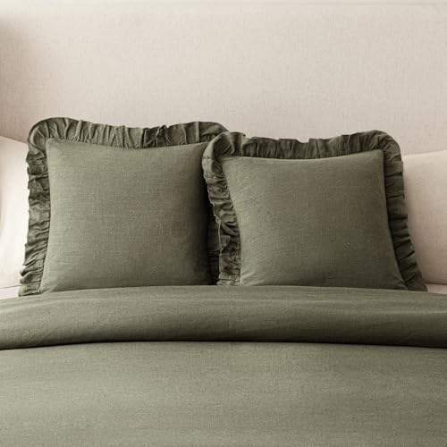Image of Foindtower Set of 2 Decorative Soild Fringe Ruffle Throw Pillow Covers Soft Boho Farmhouse Cushion Cover Cozy Accent Retro Pillowcase for Couch Sofa Bed Living Room Home Decor,18x18 Inch,Olive Green