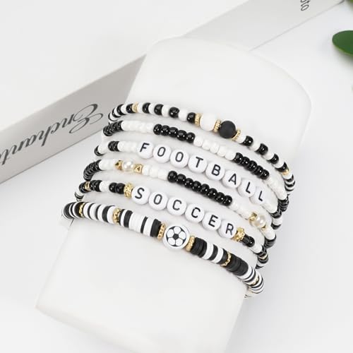 Image of Football Baseball Soccer Beaded Bracelets for Women Stackable Game Day Sports Theme Bracelet