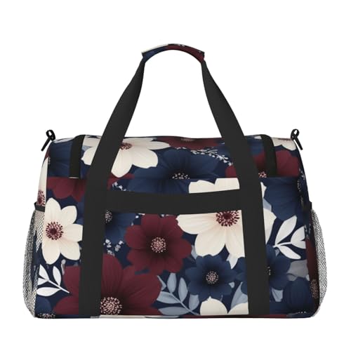 maroon and navy flowers Print Travel Duffle Bag - Foldable Personal Item Travel Bag for Women & Men,Carry-On Convertible Crossbody Tote Bags with Adjustable Shoulder Strap & Pockets 13x10.2x19.7 in2