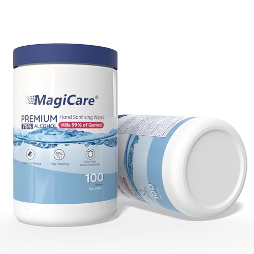 Image of MagiCare 75% Large Alcohol Wipes (2 Canisters) - Hand Sanitizing Wipes - Hand Sanitizer Wipe, Unscented, Premium - Home, Classroom, Camping - 2, 100ct Canisters (200pcs)