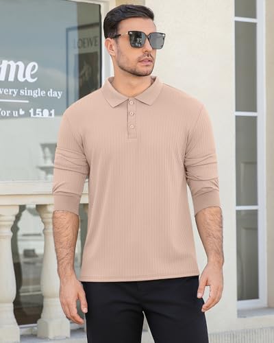 KUYIGO Polo para Hombre de Manga Larga, Ajuste Suelto, Tejido Texturizado, Cuello con 3 Botones, Casual para Uso Diario, Trabajo, Golf y Negocios miniatura 2
