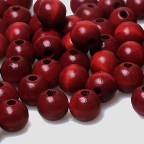 Wooden Beads for DIY Crafts Natural Solid Wood Dark Red Finish Multiple Sizes: 8mm / 10mm / 12mm / 16mm Great for Garland Bracelet Ornament Home Decor Projects (Dark Red 16mm)