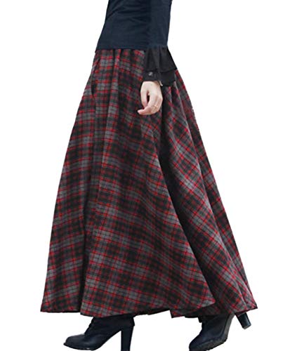 Femiserah Women's Elastic Waist A Line Long Maxi Plaid Wool Skirt Vintage Wool Skirt (Length 90cm/Waist 73cm to 90cm, Red) - Image 4