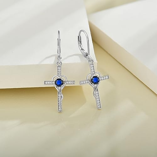 Cross Earrings 925 Sterling Silver Heart-Shaped Leverback Earrings Cross Dangle Drop Religious Jewelry Christian Baptism Gift3