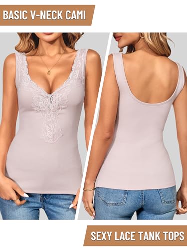 Image of Womens Lace Tank Top Sexy Deep V Neck Wide Strap Tops Fitted Basic Cami Shirts