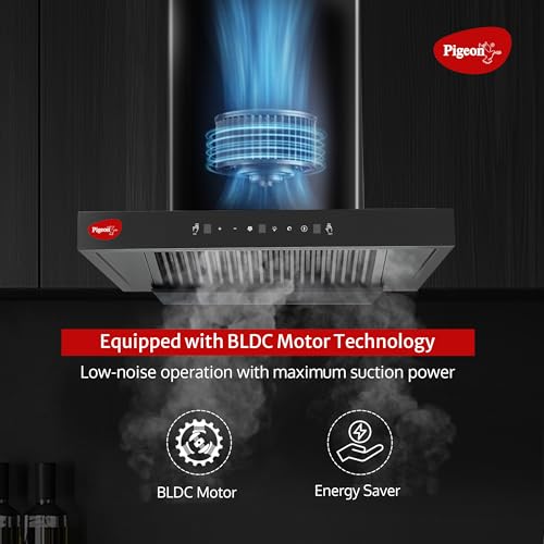 Image of Pigeon Atmos 60 cm BLDC T Shape Kitchen Chimney 1500 m3 /hr | Filterless Autoclean Kitchen Chimney | 12 Years Motor and 2 Years Comprehensive Warranty |Black | 9 Speed Touch Control + Motion Sensor