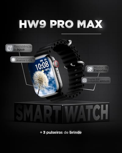 Relógio Inteligente Smartwatch HW9 PRO MAX 3 Pulseiras Removíveis, Tela AMOLED Premium 2.2 Polegadas